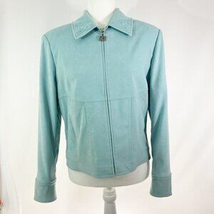 St. John Light Aqua Zip-Front Suede Jacket